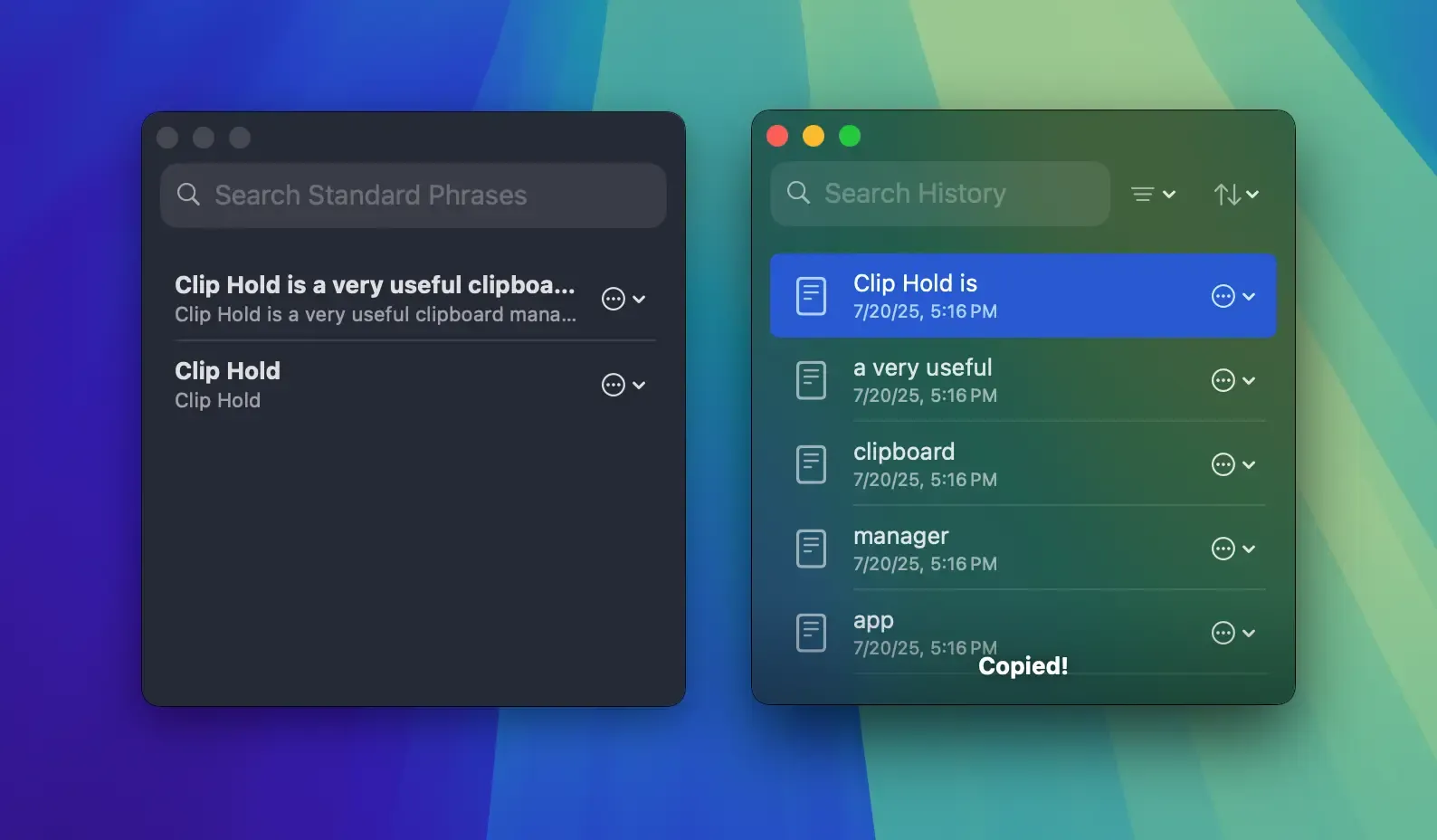 Standard Phrases Window and History Window